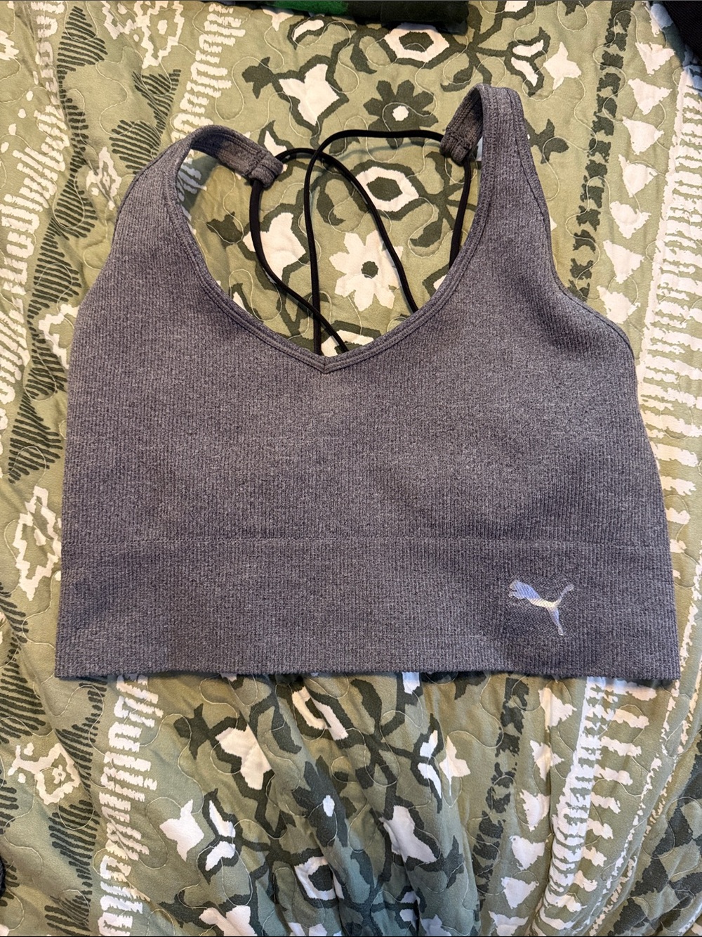 Puma Gray Ribbed Seamless Sports Bra with Strappy Back